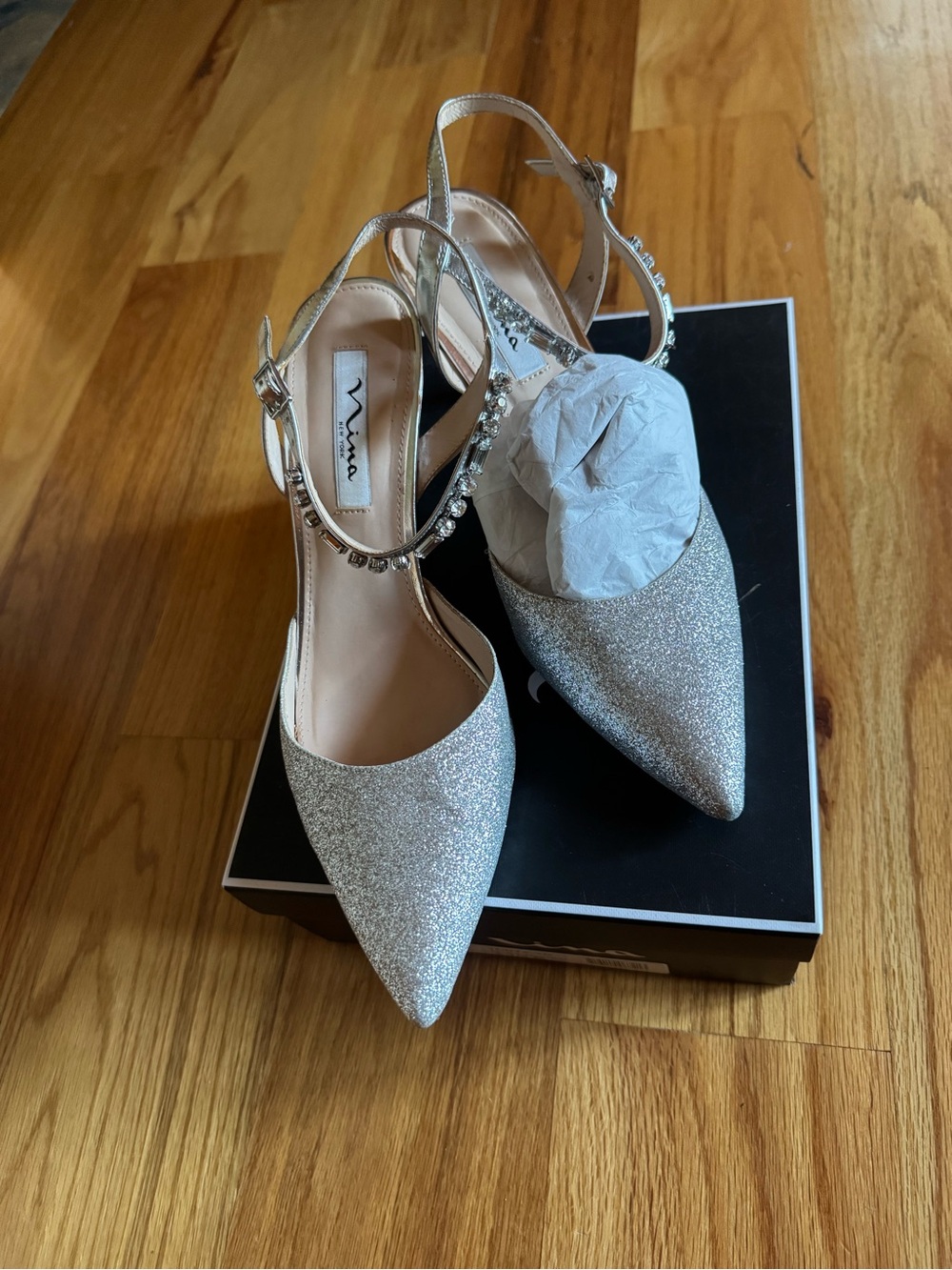 Nina Silver Glitter Pointed Slingback Heels with Rhinestone Ankle Strap